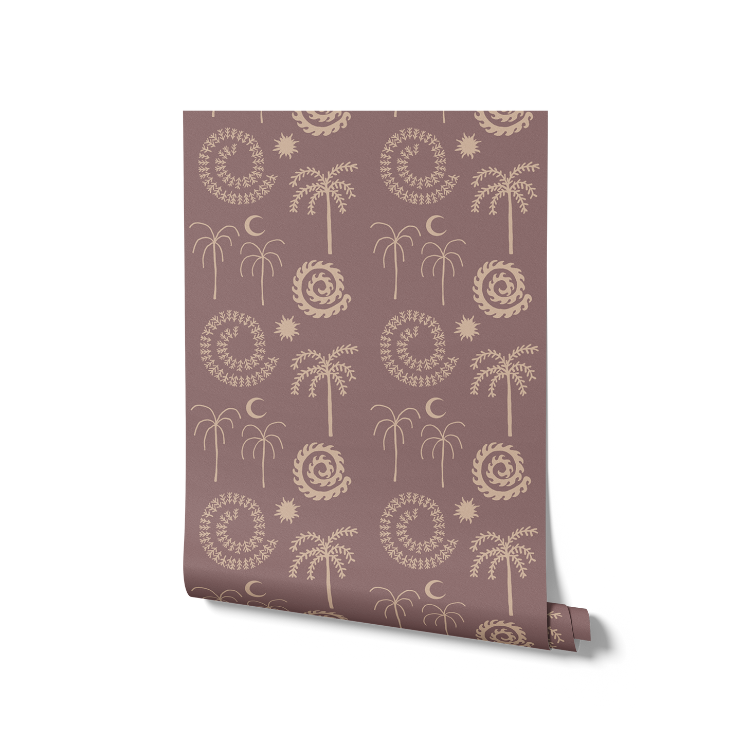 Muted green wallpaper with subtle contrasting palm trees and celestial illustrations in sandy cream tones, from the Shatha collection with Urban Road.