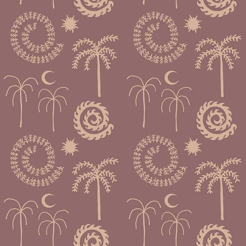 Muted green wallpaper with subtle contrasting palm trees and celestial illustrations in sandy cream tones, from the Shatha collection with Urban Road.