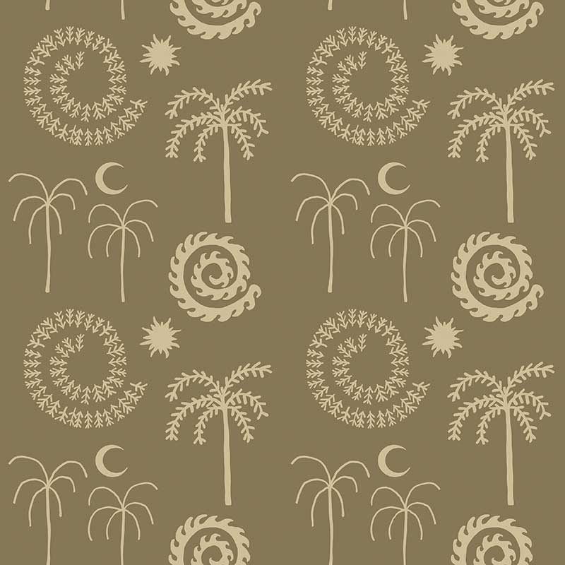 Purple blush wallpaper with soft pink undertones and cream palm motifs, crescent moons, and spiralling sunbursts, from the Shatha collection with Urban Road.