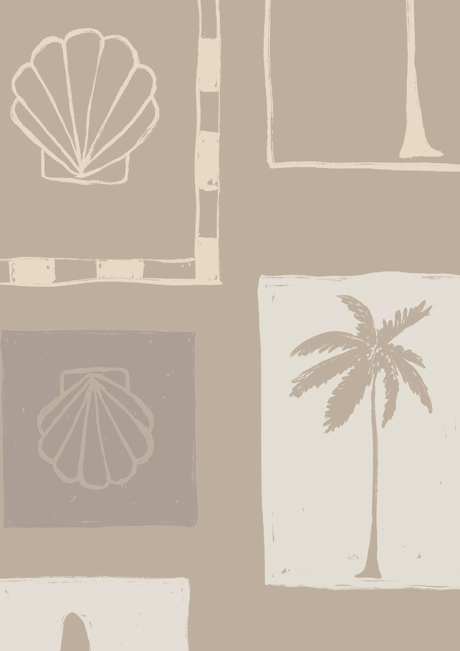 Stone-toned wallpaper with framed coastal icons—palm trees, shells, vases, and waves—arranged in a hand-drawn grid, from the Shatha collection with Urban Road.