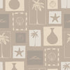 Stone-toned wallpaper with framed coastal icons—palm trees, shells, vases, and waves—arranged in a hand-drawn grid, from the Shatha collection with Urban Road.