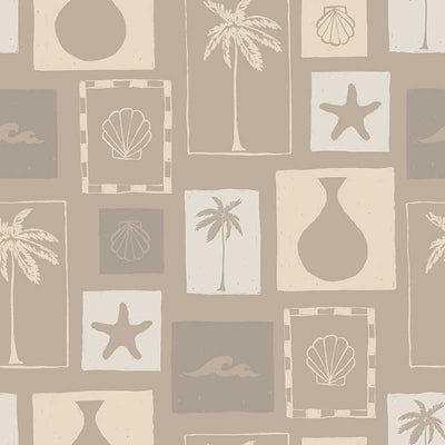 Stone-toned wallpaper with framed coastal icons—palm trees, shells, vases, and waves—arranged in a hand-drawn grid, from the Shatha collection with Urban Road.