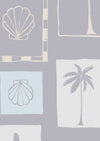 Light blue wallpaper with soft cream coastal illustrations in a patchwork of framed motifs including palms, seashells, and waves, from the Shatha collection with Urban Road.