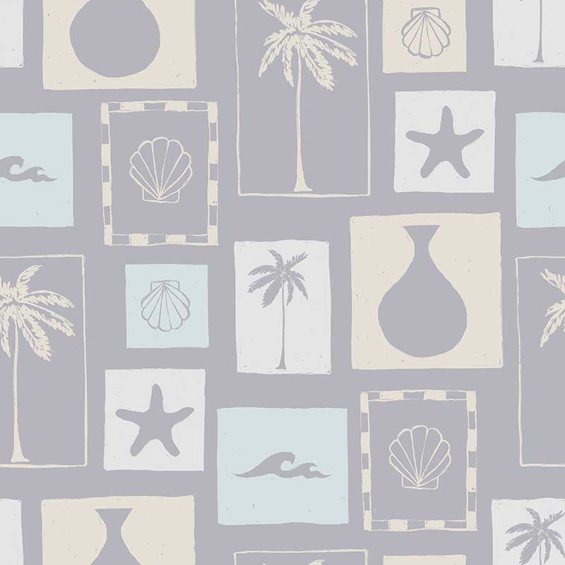 Light blue wallpaper with soft cream coastal illustrations in a patchwork of framed motifs including palms, seashells, and waves, from the Shatha collection with Urban Road.