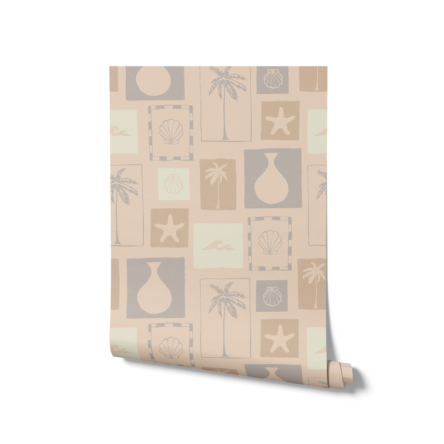 Neutral wallpaper in warm beige tones featuring hand-sketched frames of beach-inspired icons like starfish, waves, and vases, from the Shatha collection with Urban Road.