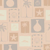 Neutral wallpaper in warm beige tones featuring hand-sketched frames of beach-inspired icons like starfish, waves, and vases, from the Shatha collection with Urban Road.