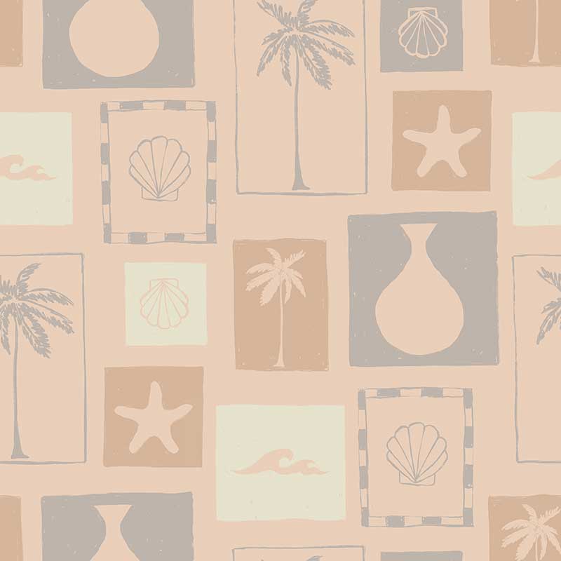 Neutral wallpaper in warm beige tones featuring hand-sketched frames of beach-inspired icons like starfish, waves, and vases, from the Shatha collection with Urban Road.
