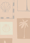 Neutral wallpaper in warm beige tones featuring hand-sketched frames of beach-inspired icons like starfish, waves, and vases, from the Shatha collection with Urban Road.