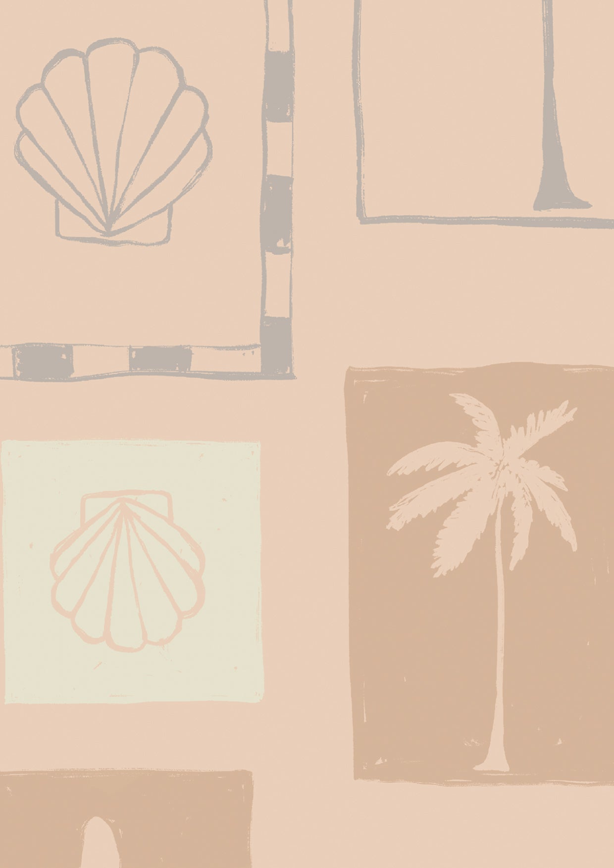 Neutral wallpaper in warm beige tones featuring hand-sketched frames of beach-inspired icons like starfish, waves, and vases, from the Shatha collection with Urban Road.