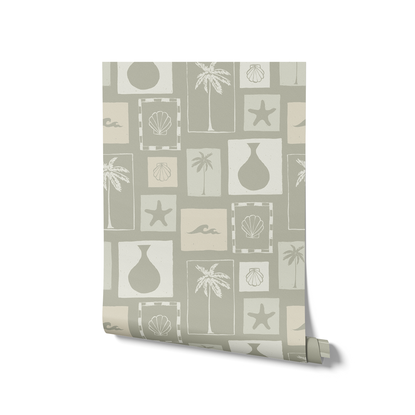 Soft sage wallpaper with cream-toned framed tropical imagery—palm silhouettes, shells, and abstract coastal elements, from the Shatha collection with Urban Road.