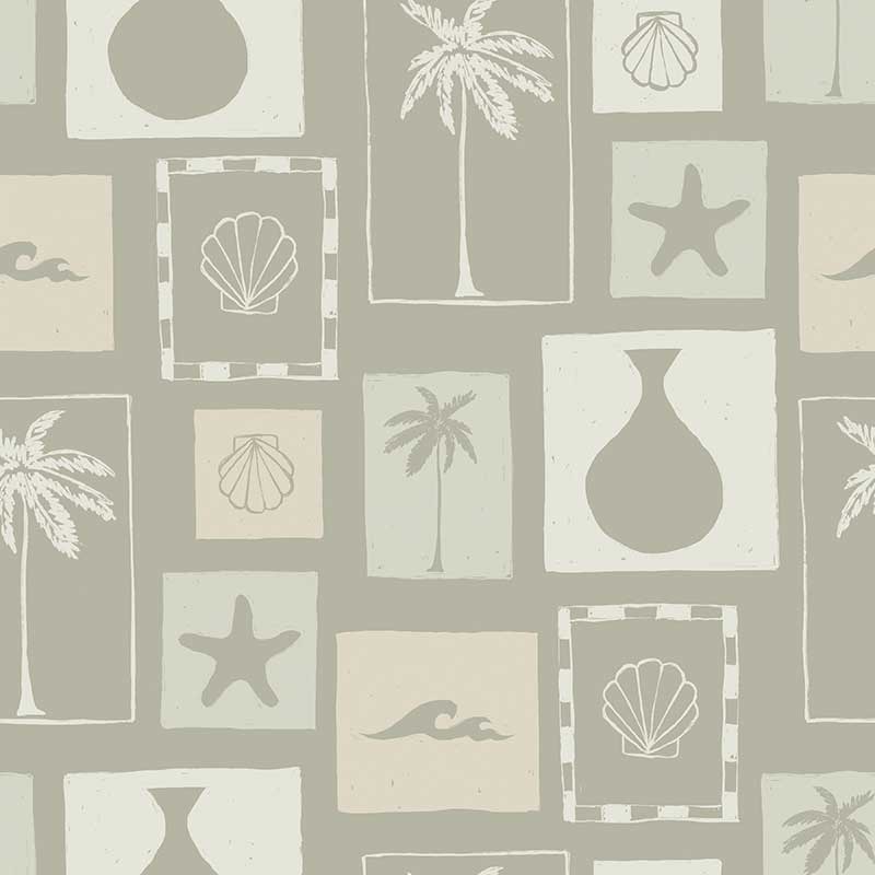 Soft sage wallpaper with cream-toned framed tropical imagery—palm silhouettes, shells, and abstract coastal elements, from the Shatha collection with Urban Road.