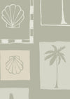 Soft sage wallpaper with cream-toned framed tropical imagery—palm silhouettes, shells, and abstract coastal elements, from the Shatha collection with Urban Road.