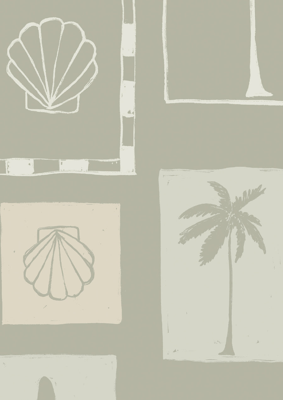 Soft sage wallpaper with cream-toned framed tropical imagery—palm silhouettes, shells, and abstract coastal elements, from the Shatha collection with Urban Road.