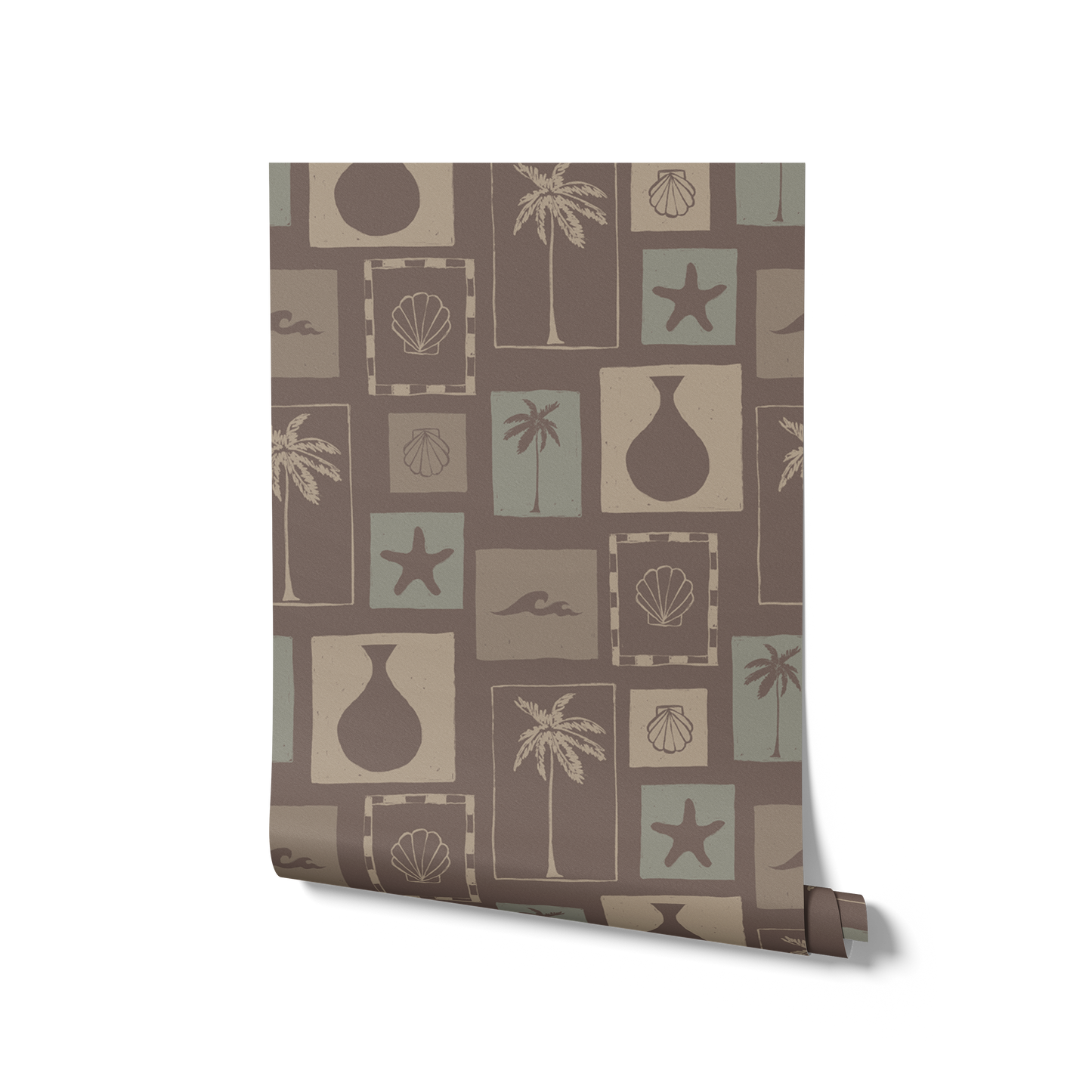 Warm brown wallpaper with charcoal-toned panels of sketched palms, ocean waves, starfish, and pottery silhouettes, from the Shatha collection with Urban Road.