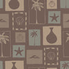 Warm brown wallpaper with charcoal-toned panels of sketched palms, ocean waves, starfish, and pottery silhouettes, from the Shatha collection with Urban Road.