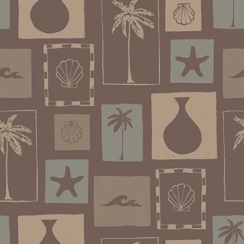 Warm brown wallpaper with charcoal-toned panels of sketched palms, ocean waves, starfish, and pottery silhouettes, from the Shatha collection with Urban Road.