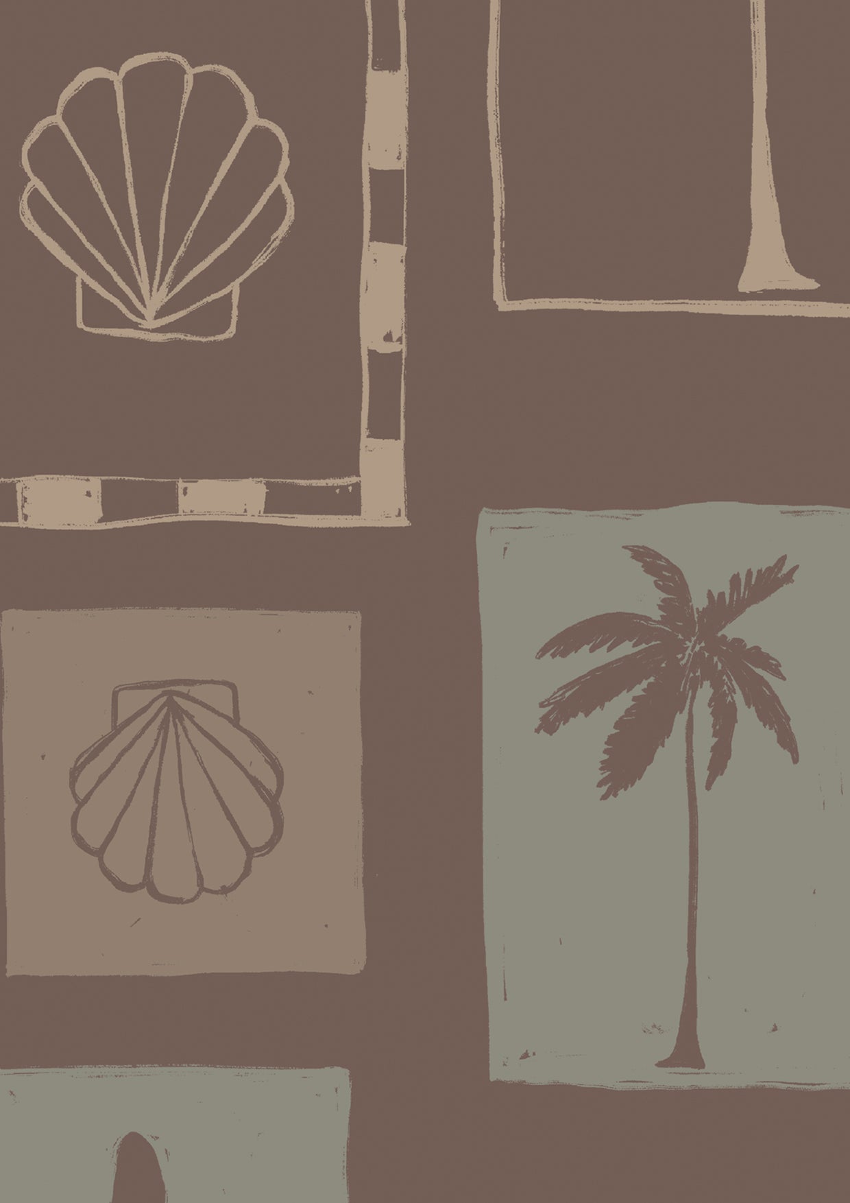 Warm brown wallpaper with charcoal-toned panels of sketched palms, ocean waves, starfish, and pottery silhouettes, from the Shatha collection with Urban Road.