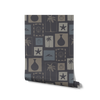 Deep blue wallpaper with off-white and navy framed coastal designs including palm trees, vases, shells, and surf lines, from the Shatha collection with Urban Road.