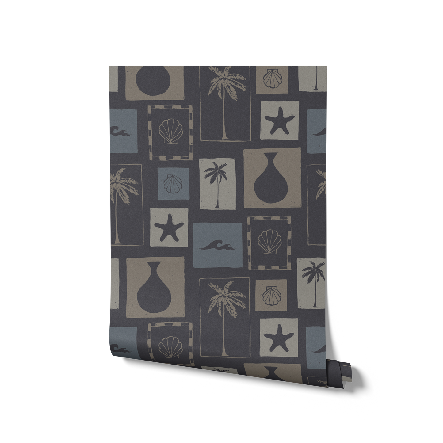 Deep blue wallpaper with off-white and navy framed coastal designs including palm trees, vases, shells, and surf lines, from the Shatha collection with Urban Road.