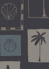 Deep blue wallpaper with off-white and navy framed coastal designs including palm trees, vases, shells, and surf lines, from the Shatha collection with Urban Road.