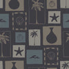 Deep blue wallpaper with off-white and navy framed coastal designs including palm trees, vases, shells, and surf lines, from the Shatha collection with Urban Road.