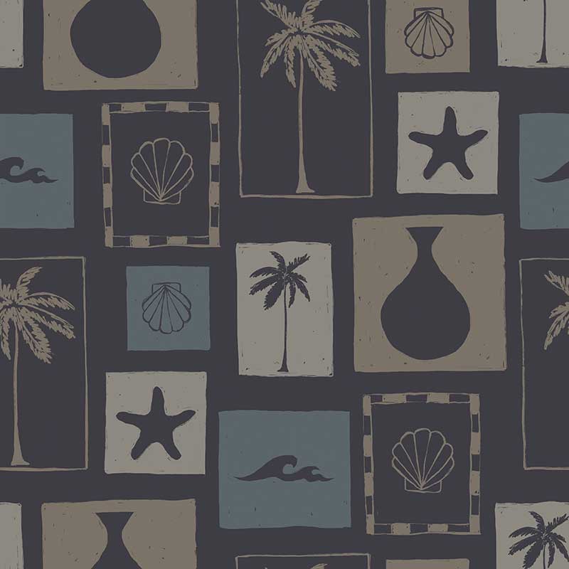 Deep blue wallpaper with off-white and navy framed coastal designs including palm trees, vases, shells, and surf lines, from the Shatha collection with Urban Road.