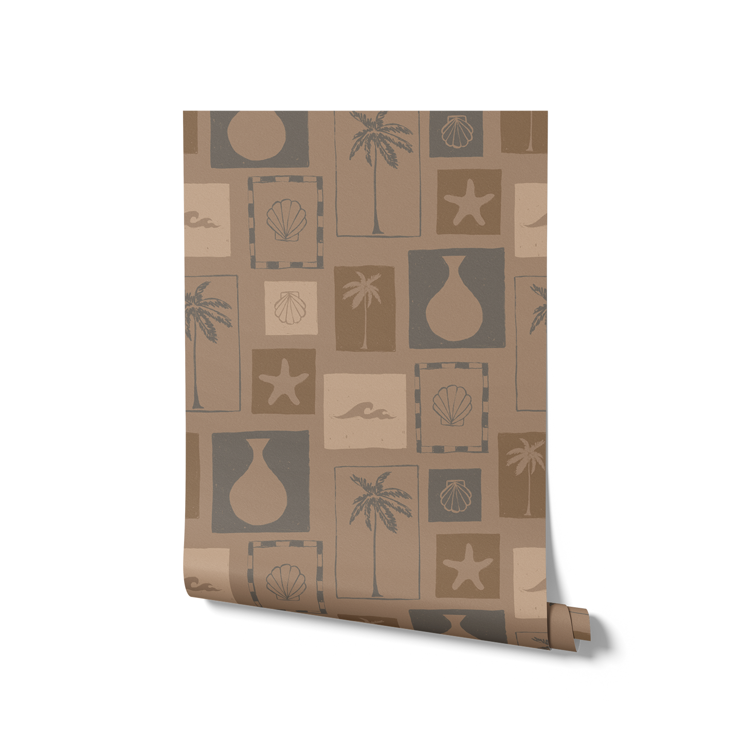 Mocha-toned wallpaper featuring layered rectangles of beachy illustrations in warm ochres and soft browns, from the Shatha collection with Urban Road.