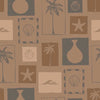 Mocha-toned wallpaper featuring layered rectangles of beachy illustrations in warm ochres and soft browns, from the Shatha collection with Urban Road.