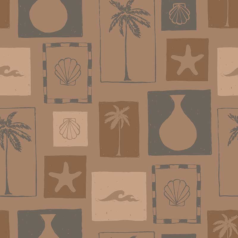 Mocha-toned wallpaper featuring layered rectangles of beachy illustrations in warm ochres and soft browns, from the Shatha collection with Urban Road.