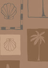 Mocha-toned wallpaper featuring layered rectangles of beachy illustrations in warm ochres and soft browns, from the Shatha collection with Urban Road.