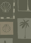 Dark green wallpaper with soft sage-framed tropical motifs—palms, sea elements, and ceramics—in a vintage-style layout, from the Shatha collection with Urban Road.