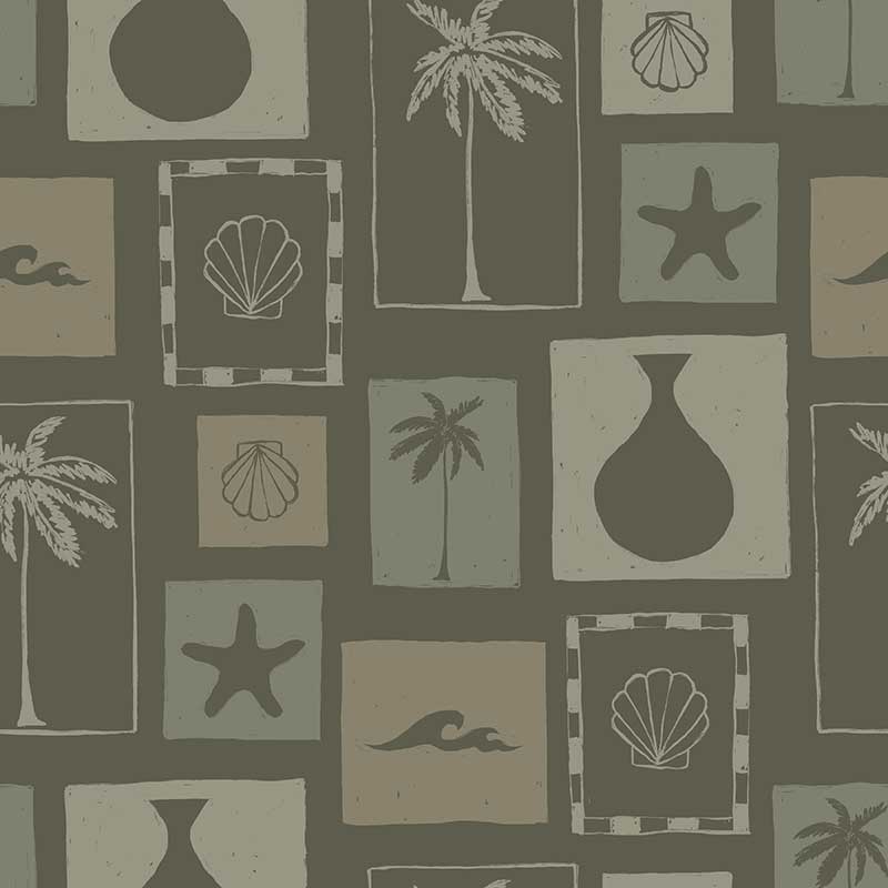 Dark green wallpaper with soft sage-framed tropical motifs—palms, sea elements, and ceramics—in a vintage-style layout, from the Shatha collection with Urban Road.