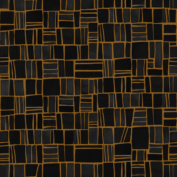 Wallpaper from the Tim Neve collection by Urban Road, featuring bold black grid lines on a warm golden brown background, creating a striking linear design.
