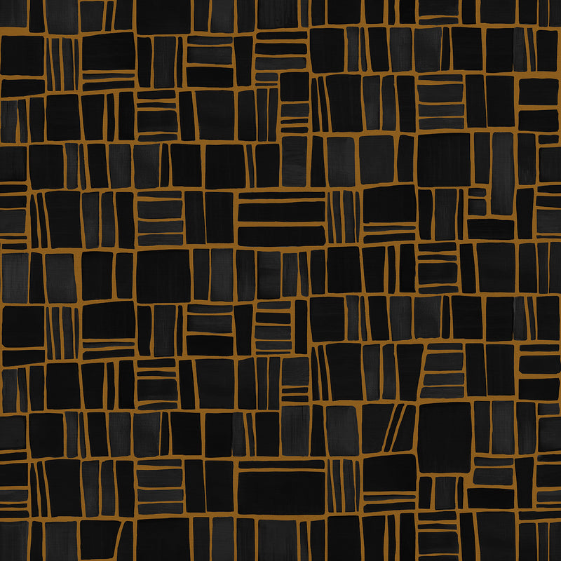 Wallpaper from the Tim Neve collection by Urban Road, featuring bold black grid lines on a warm golden brown background, creating a striking linear design.
