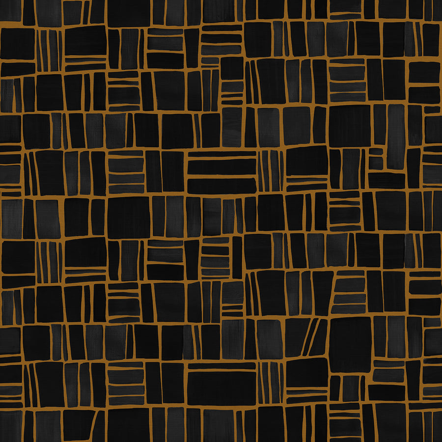 Wallpaper from the Tim Neve collection by Urban Road, featuring bold black grid lines on a warm golden brown background, creating a striking linear design.