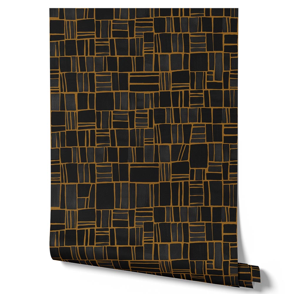 Wallpaper from the Tim Neve collection by Urban Road, featuring bold black grid lines on a warm golden brown background, creating a striking linear design.