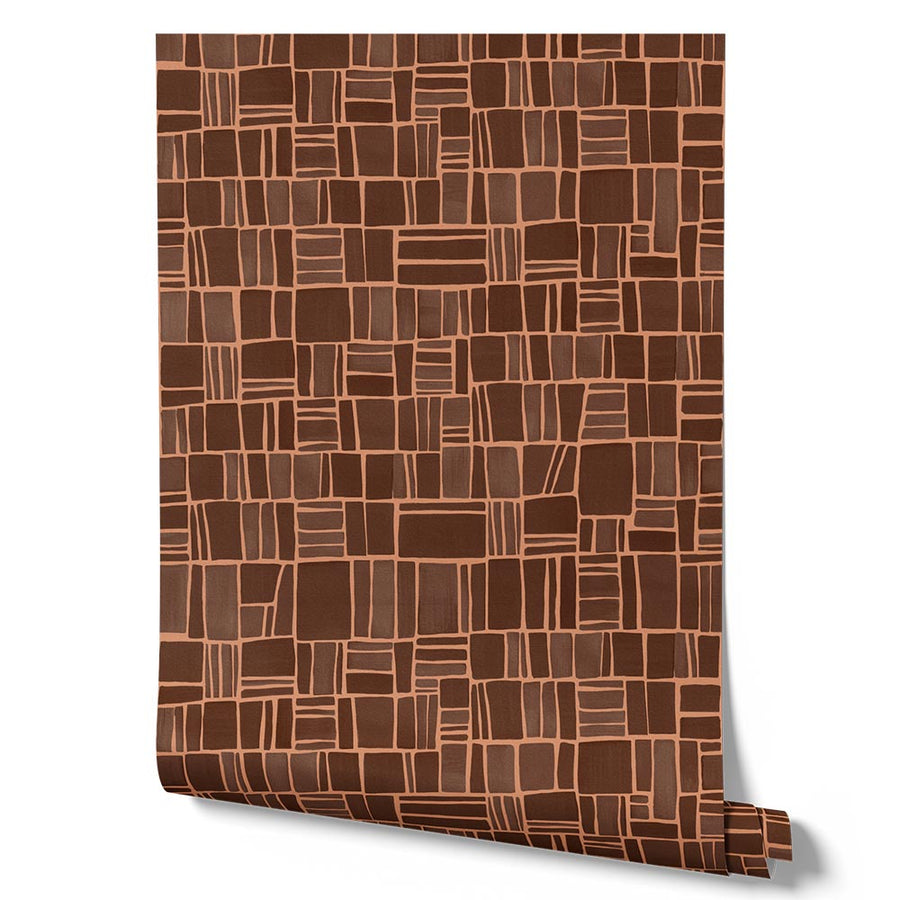 Wallpaper from the Tim Neve collection by Urban Road, with deep brown grid lines on a soft ochre backdrop, blending warmth and modern texture.