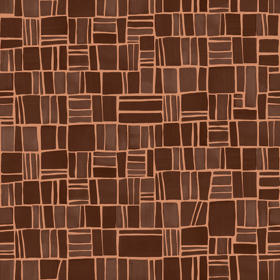 Wallpaper from the Tim Neve collection by Urban Road, with deep brown grid lines on a soft ochre backdrop, blending warmth and modern texture.