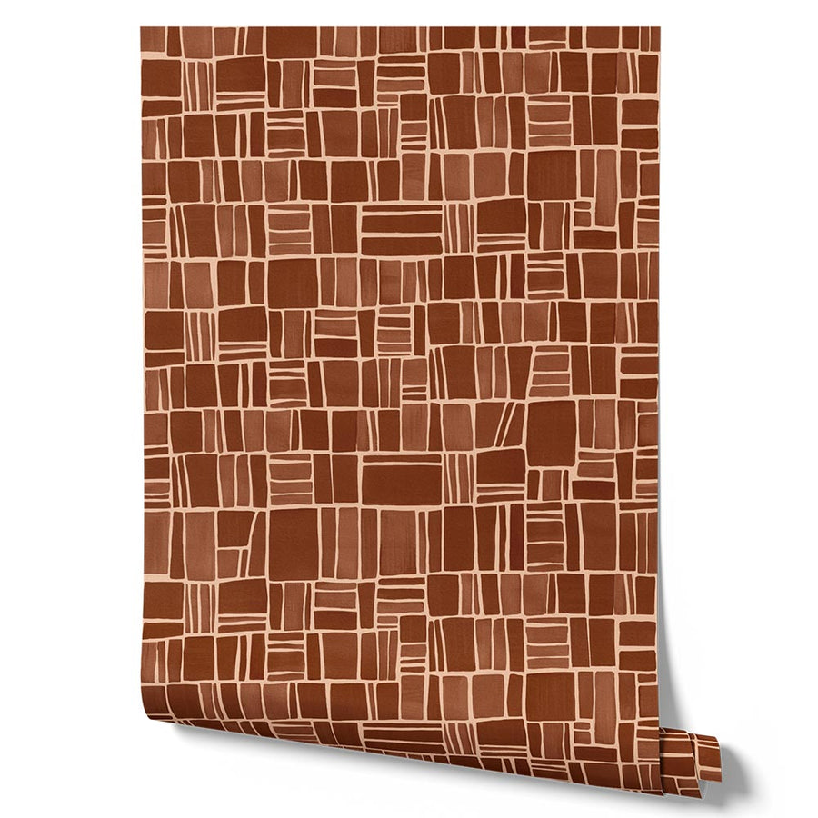 Wallpaper from the Tim Neve collection by Urban Road, showcasing terracotta grid patterns with a soft, organic feel against a warm beige base.