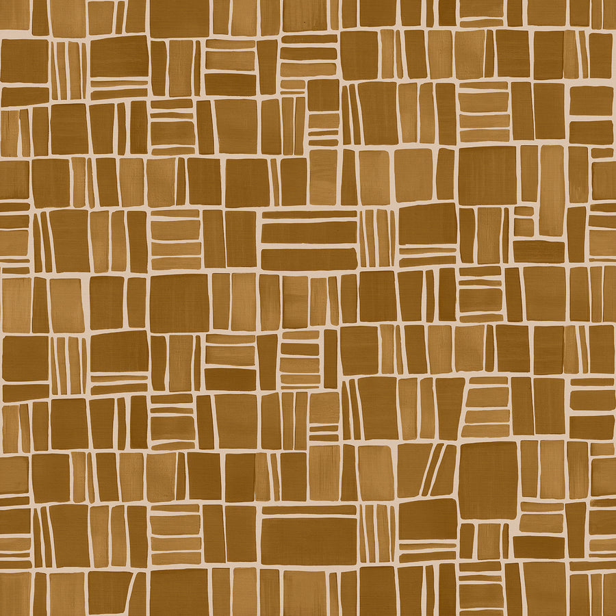 Wallpaper from the Tim Neve collection by Urban Road, featuring golden ochre grids with soft brown contrasts, creating a warm, natural aesthetic.