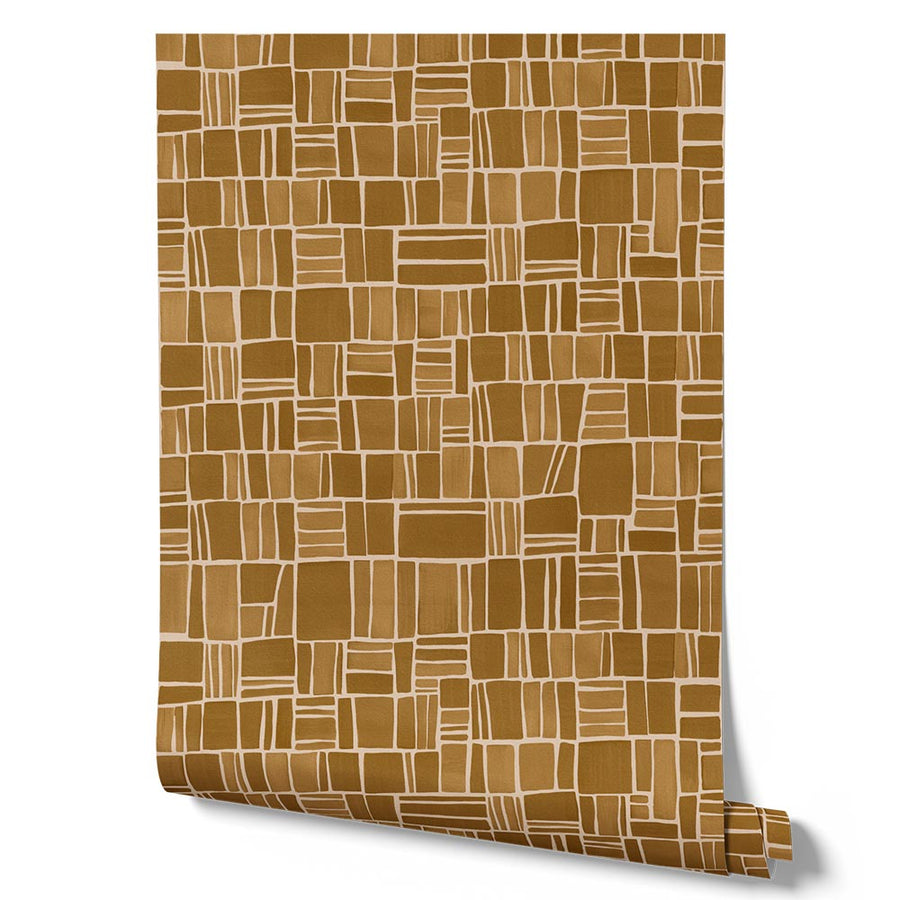 Wallpaper from the Tim Neve collection by Urban Road, featuring golden ochre grids with soft brown contrasts, creating a warm, natural aesthetic.