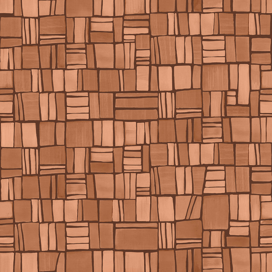 Wallpaper from the Tim Neve collection by Urban Road, displaying caramel-hued grids over a warm brown background, blending modern lines with rustic tones.