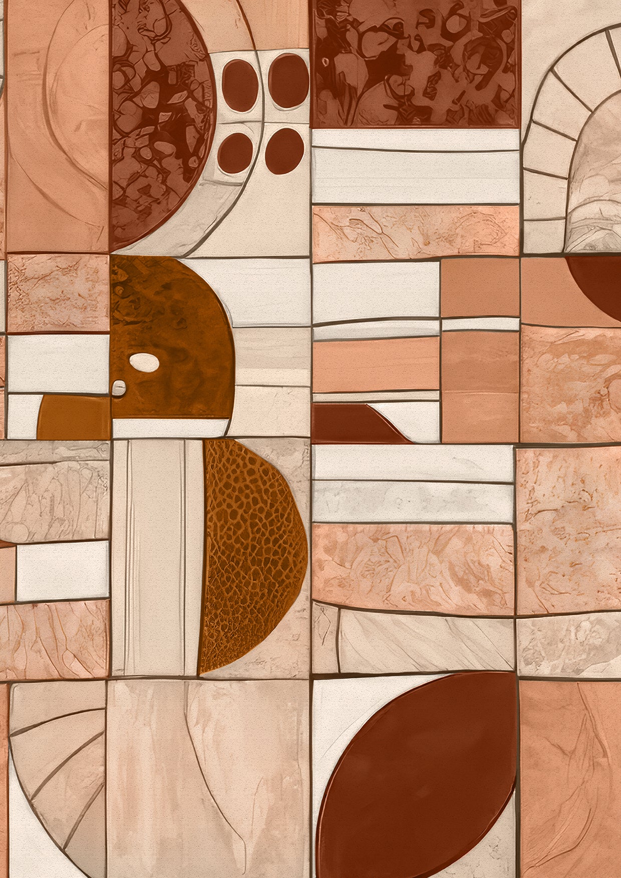 Wallpaper from the Tim Neve collection by Urban Road, featuring geometric tile patterns in soft terracotta with rounded motifs and warm tones.