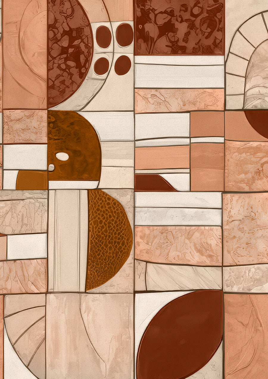 Wallpaper from the Tim Neve collection by Urban Road, featuring geometric tile patterns in soft terracotta with rounded motifs and warm tones.