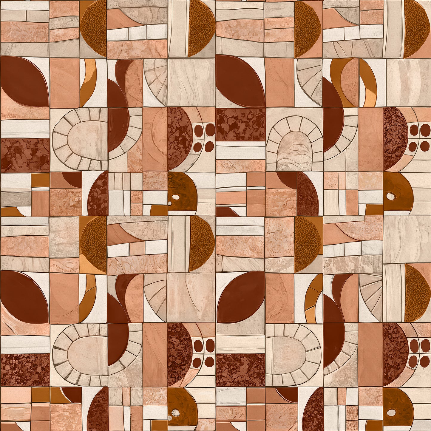 Wallpaper from the Tim Neve collection by Urban Road, featuring geometric tile patterns in soft terracotta with rounded motifs and warm tones.