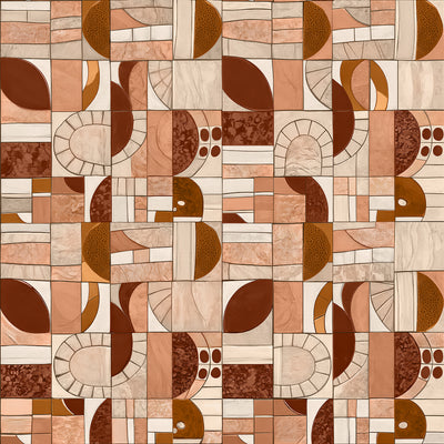 Wallpaper from the Tim Neve collection by Urban Road, featuring geometric tile patterns in soft terracotta with rounded motifs and warm tones.