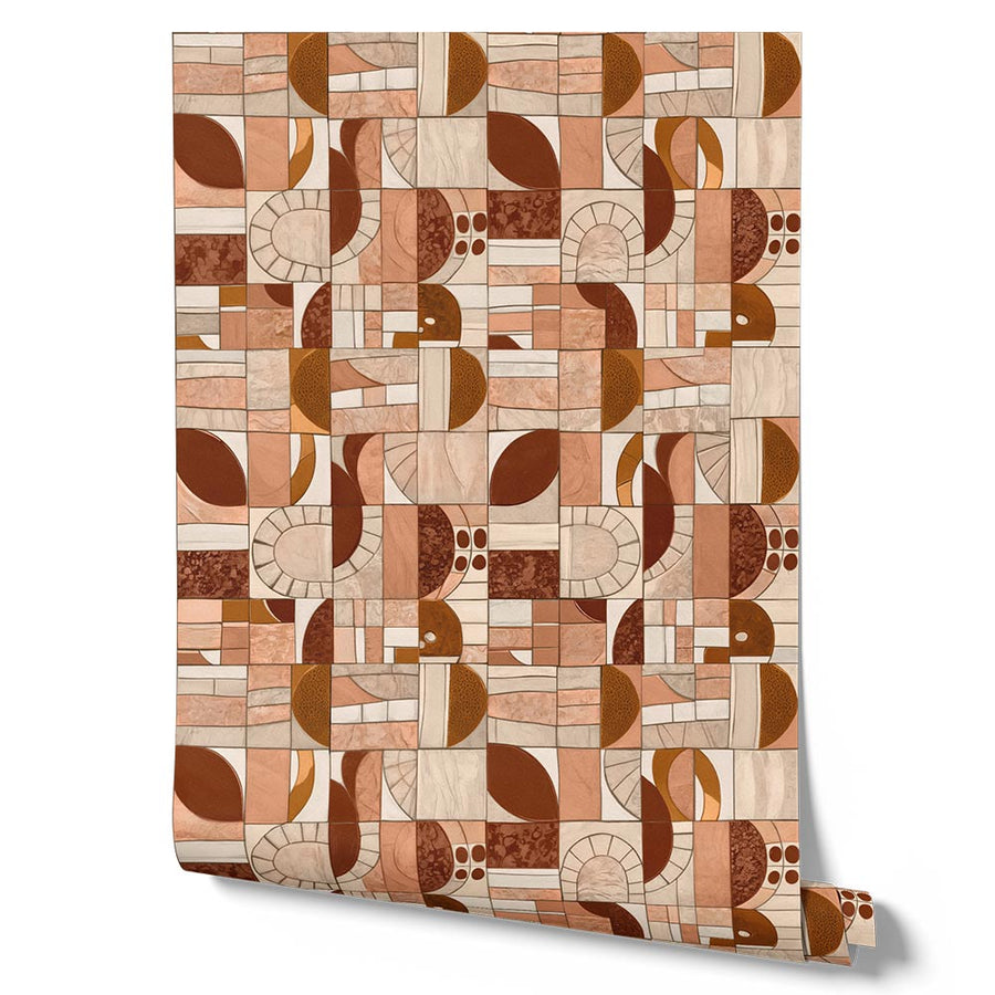 Wallpaper from the Tim Neve collection by Urban Road, featuring geometric tile patterns in soft terracotta with rounded motifs and warm tones.