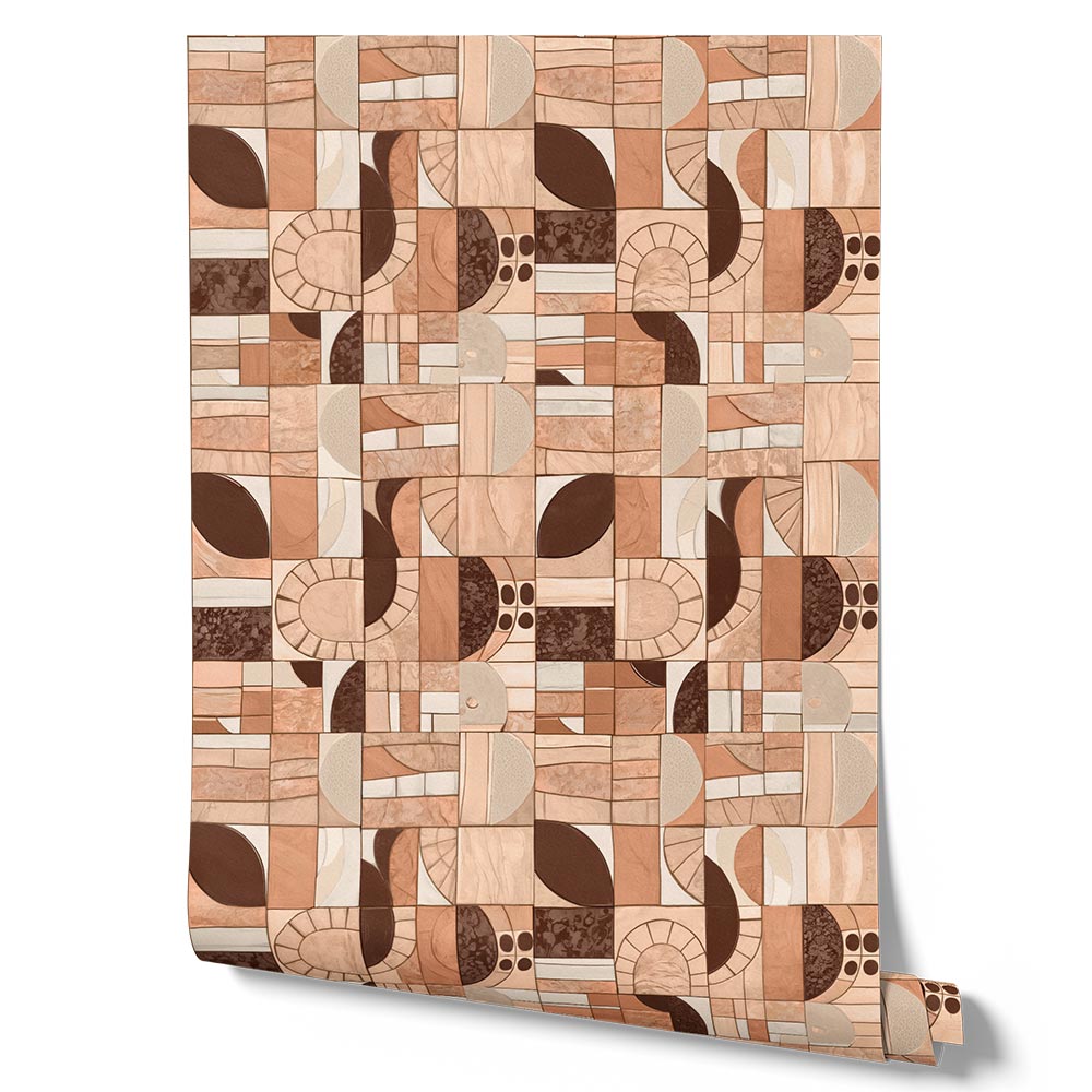 Wallpaper from the Tim Neve collection by Urban Road, showcasing a warm blush geometric mosaic with abstract shapes and soft contrasts.
