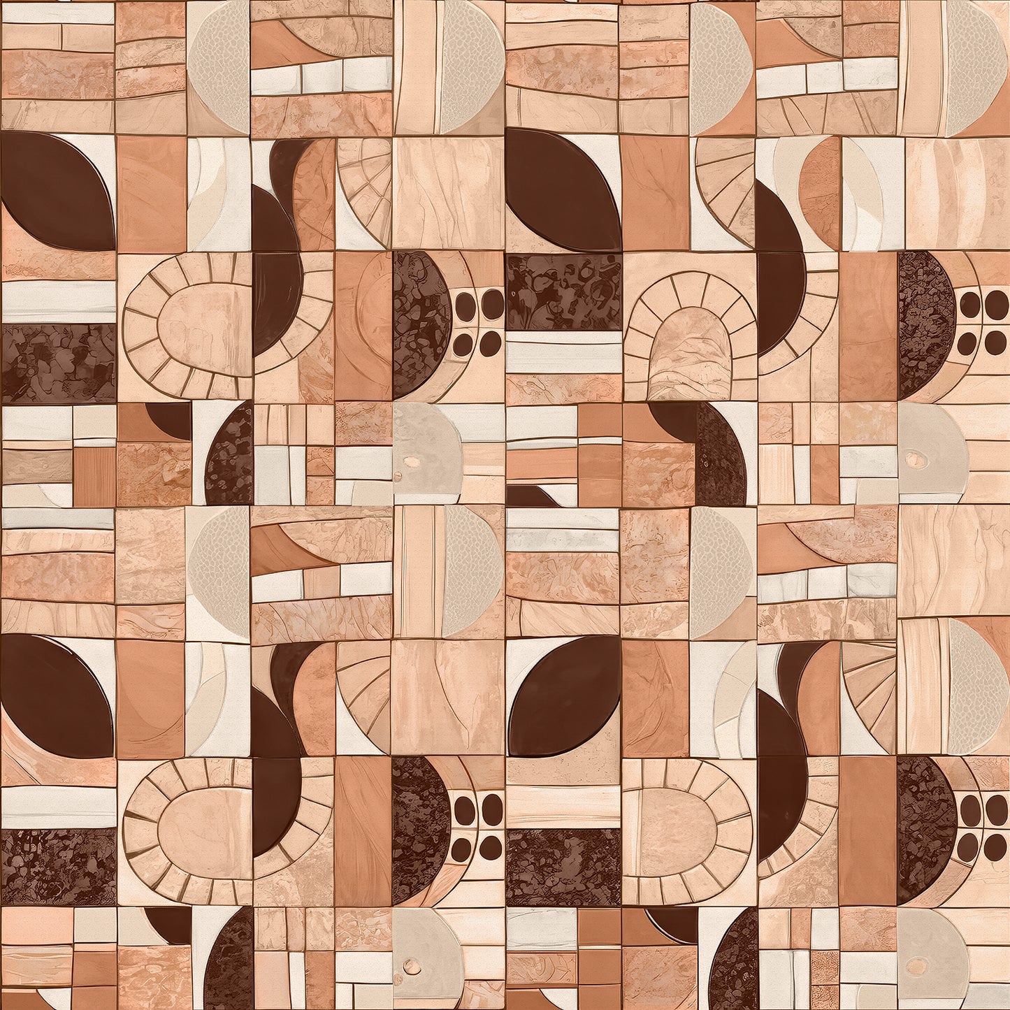 Wallpaper from the Tim Neve collection by Urban Road, showcasing a warm blush geometric mosaic with abstract shapes and soft contrasts.