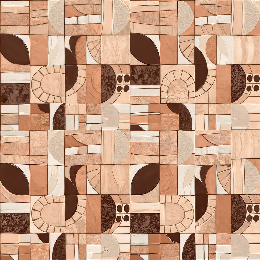 Wallpaper from the Tim Neve collection by Urban Road, showcasing a warm blush geometric mosaic with abstract shapes and soft contrasts.